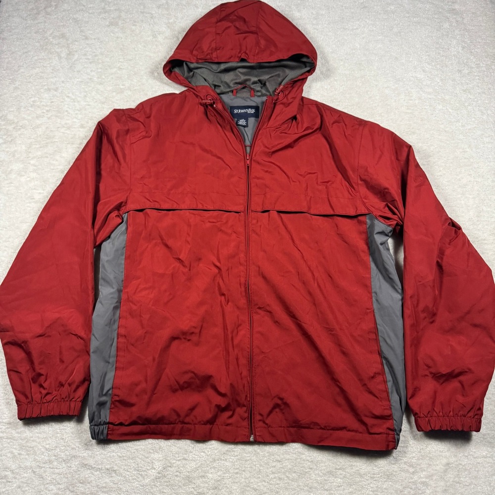 St. Johns Bay Mens Red Grey Hooded Windbreaker Jacket Mesh Lined Large RN83394